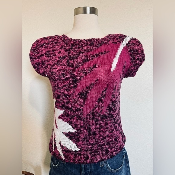 Vintage 80s Palm Leaf Knit Sweater Top Magenta Black Indie Sleaze small - Picture 5 of 6